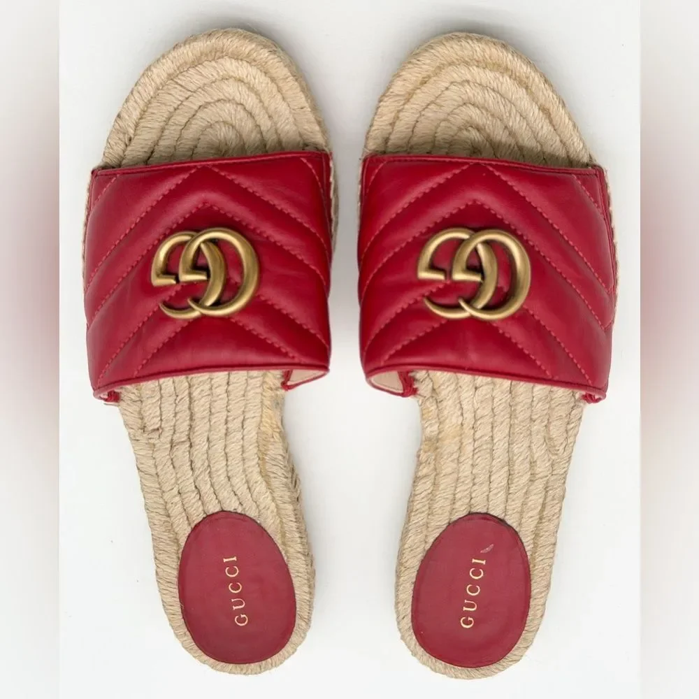 Gucci Pilar GG Marmont Leather Espadrille Slide Sandals Red Matelassé EU 38 US 8 - Picture 3 of 12